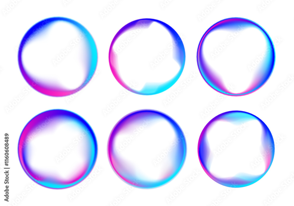 Poster Set of bright color gradient neon circles round curve shape with wavy dynamic lines in PNG format on white background. 