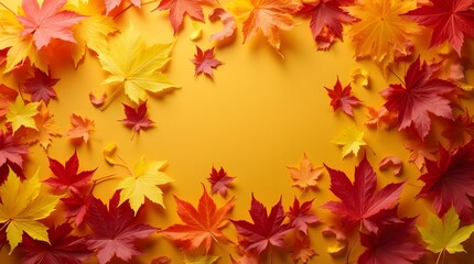 Fototapeta premium Scattered colorful red, orange and yellow fall maple leaves background. Colors of gold autumn. Seasonal decoration concept