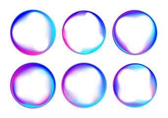 Set of bright color gradient neon circles round curve shape with wavy dynamic lines in PNG format on white background. 