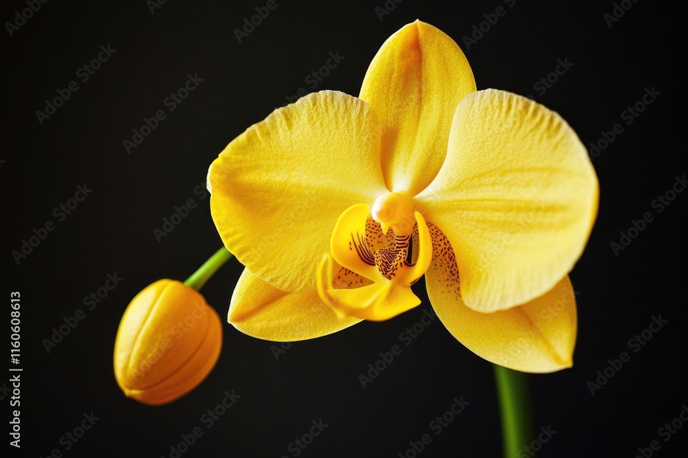 Poster a close-up view of a bright yellow flower on its stem, ready for use in various contexts