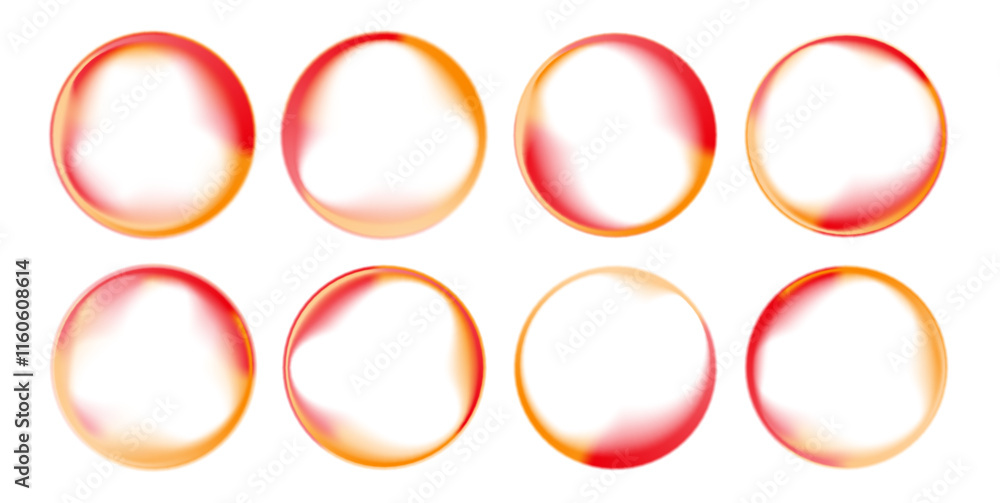 Poster Set of bright colorful gradient in yellow orange and red colors round shape with wavy dynamic lines in PNG format on white background.