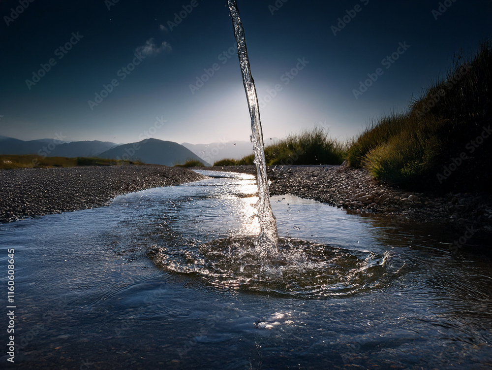 Poster Water pours from an unseen source into a small stream, creating ripples on the surface. The sun sets behind distant hills, casting a warm glow on the scene.  The landscape is sparsely vegetated with a