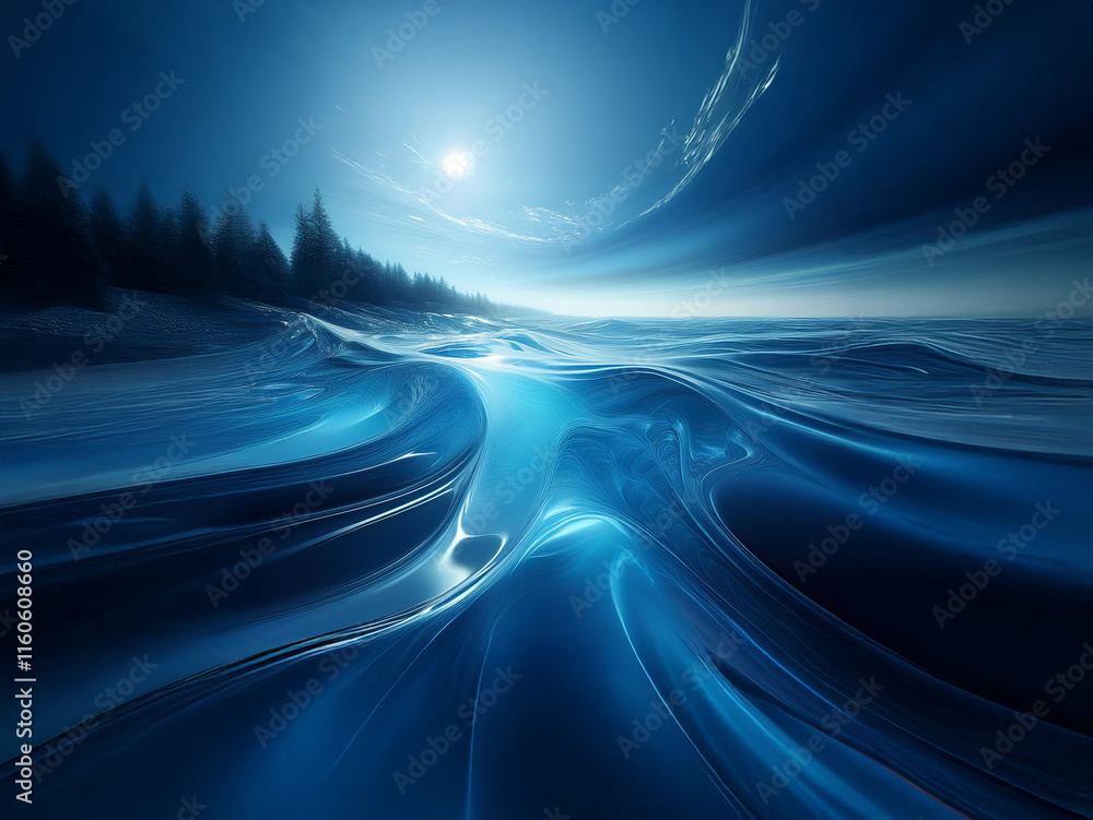 Poster serene, abstract landscape of a luminous, liquid expanse under a bright moon. dark trees line the ho