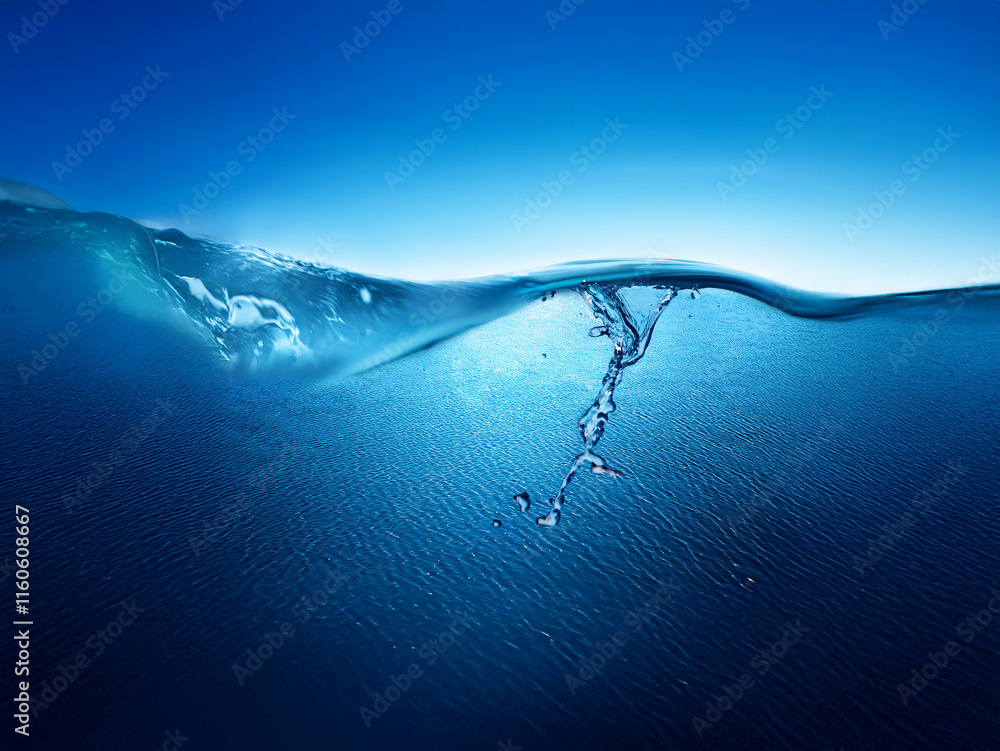 Poster a serene underwater scene. the surface of the water is gently curved, showing both above and below t