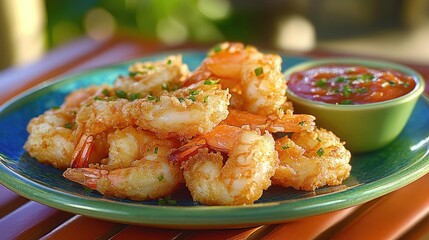 Coconut shrimp appetizer with dipping sauce on a patio table.
