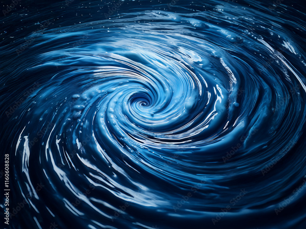 Poster A mesmerizing swirling vortex of deep blue liquid, reminiscent of a cosmic whirlpool.  Light reflects on its glossy surface, creating a sense of depth and movement.