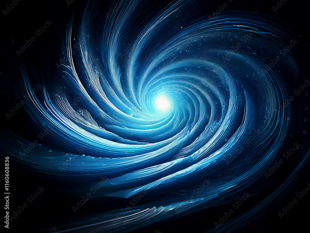 Poster a mesmerizing spiral of vibrant blue energy swirls into a bright core, set against a deep black back