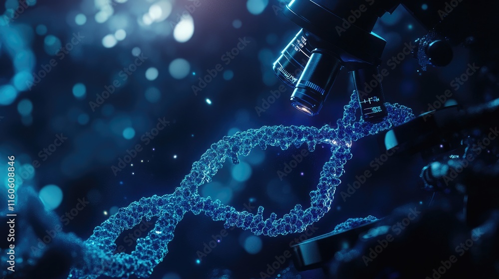 Poster Lab setting with a microscope and a visible DNA strand, representing genetic research and advancements in biotechnology and medical science.