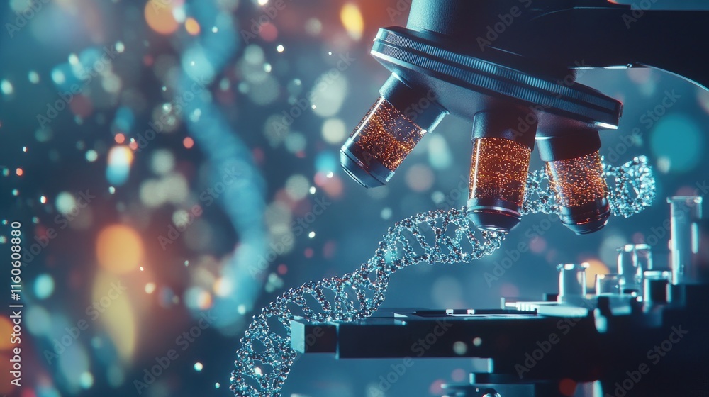 Poster Lab setting with a microscope and a visible DNA strand, representing genetic research and advancements in biotechnology and medical science.
