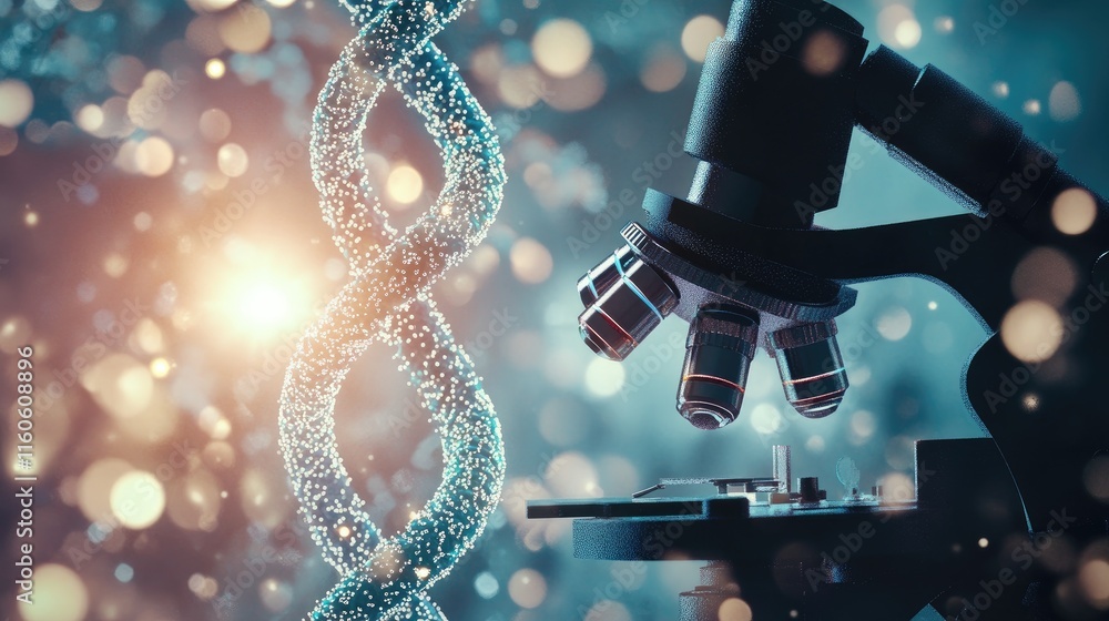 Poster lab setting with a microscope and a visible dna strand, representing genetic research and advancemen