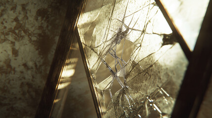 Broken window glass with intricate cracks and reflections