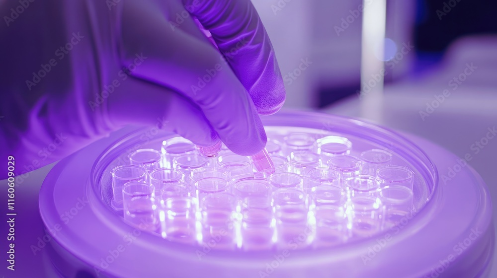 Aufkleber lab technician in biotechnology research, adding a sample to a multi-well plate, part of high-precis