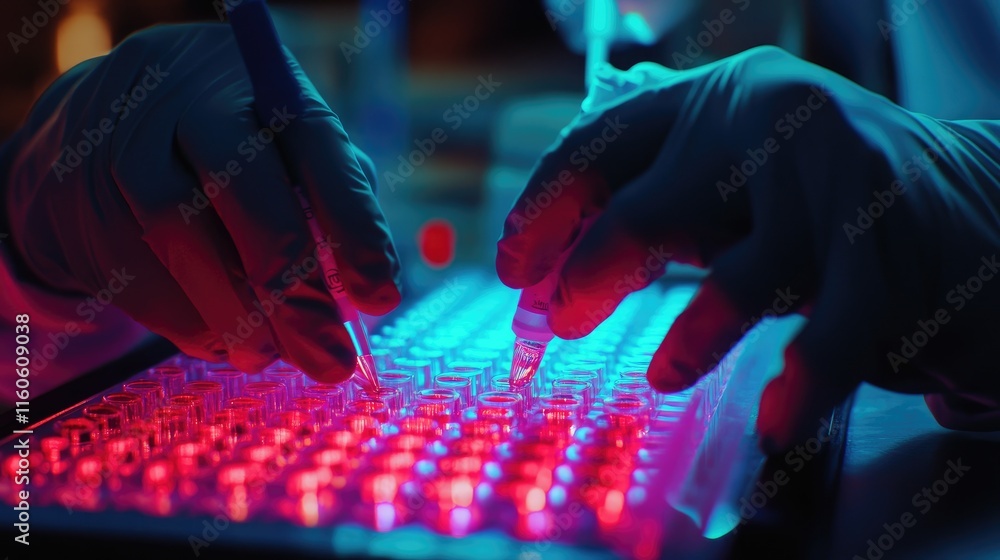 Poster lab technician in biotechnology research, adding a sample to a multi-well plate, part of high-precis