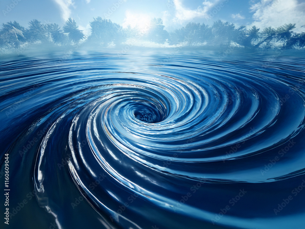 Poster a mesmerizing whirlpool in a deep blue ocean, swirling under a bright, cloudy sky. the vortex draws 