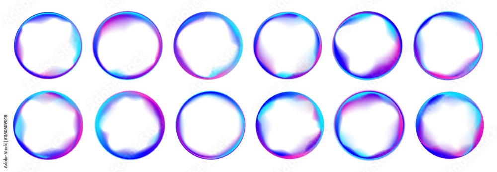Poster Set of neon glowing rings with gradient overflow on white background PNG. Colorful bright neon template. Iridescent chrome drops or hologram irregular freeform organic shapes. 