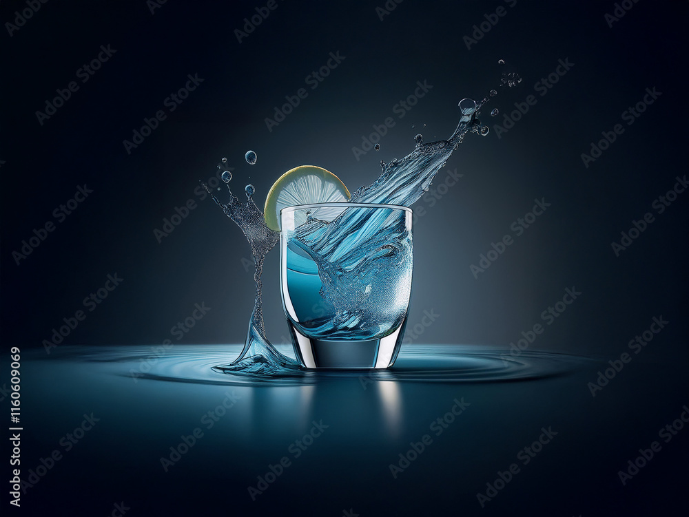 Aufkleber a splash of blue liquid in a glass with a lemon slice, creating dynamic water droplets and ripples o