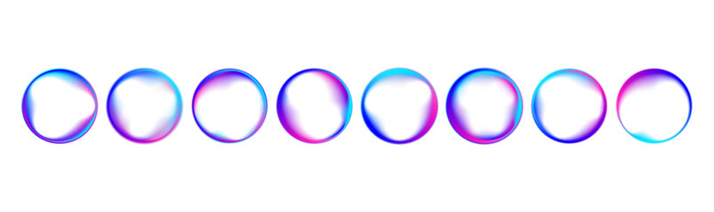 Set of neon glowing rings with gradient overflow on white background PNG. Colorful bright neon template. Iridescent chrome drops or hologram irregular freeform organic shapes. 