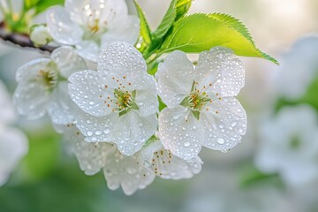 Fototapeta premium Delicate white flowers adorned with fresh raindrops sparkle vividly as morning sunlight filters through the leaves, creating a serene spring atmosphere in the garden.