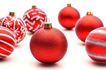 A group of red and white Christmas ornaments hanging from the tree