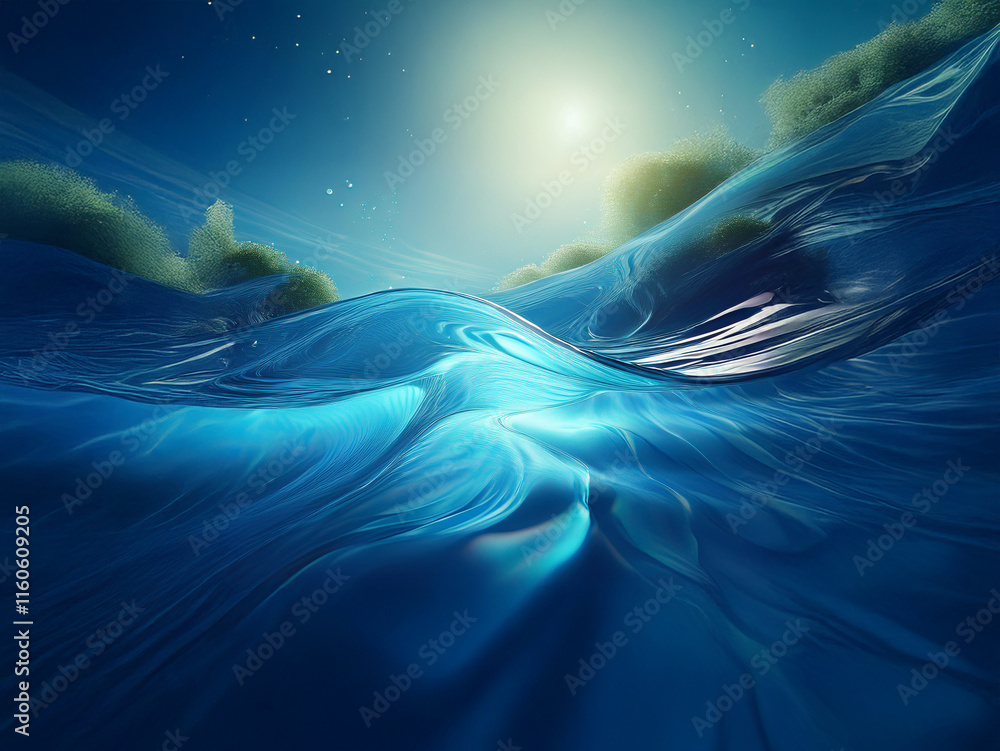 Poster submerged view of a serene underwater scene. sunlight filters through the surface, illuminating ripp