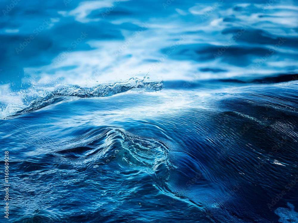 Poster Deep blue ocean waves ripple and crash, creating a mesmerizing display of nature's power and beauty.  The water's surface shimmers with light, showcasing the intricate textures of the waves.