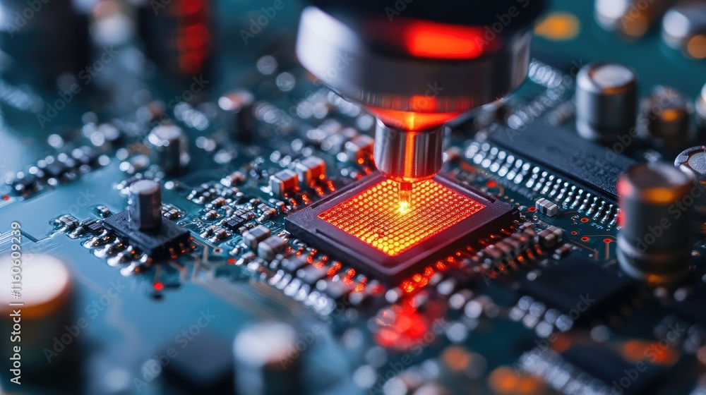 Poster Lab technician inspecting microchip transistors under a microscope for quality control in automated manufacturing of PCBs.