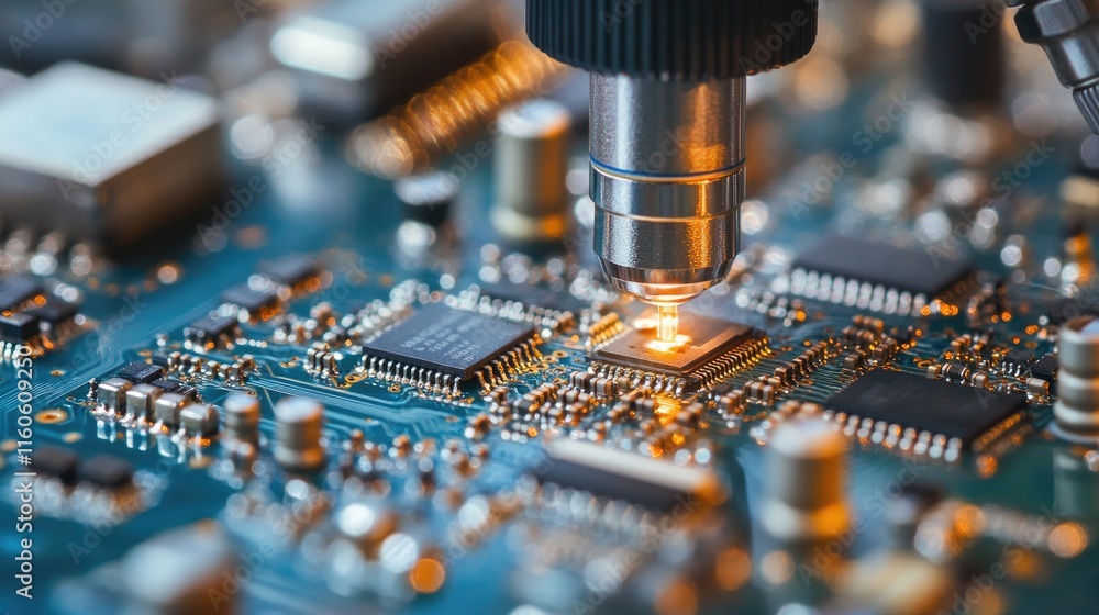 Aufkleber Lab technician inspecting microchip transistors under a microscope for quality control in automated manufacturing of PCBs.