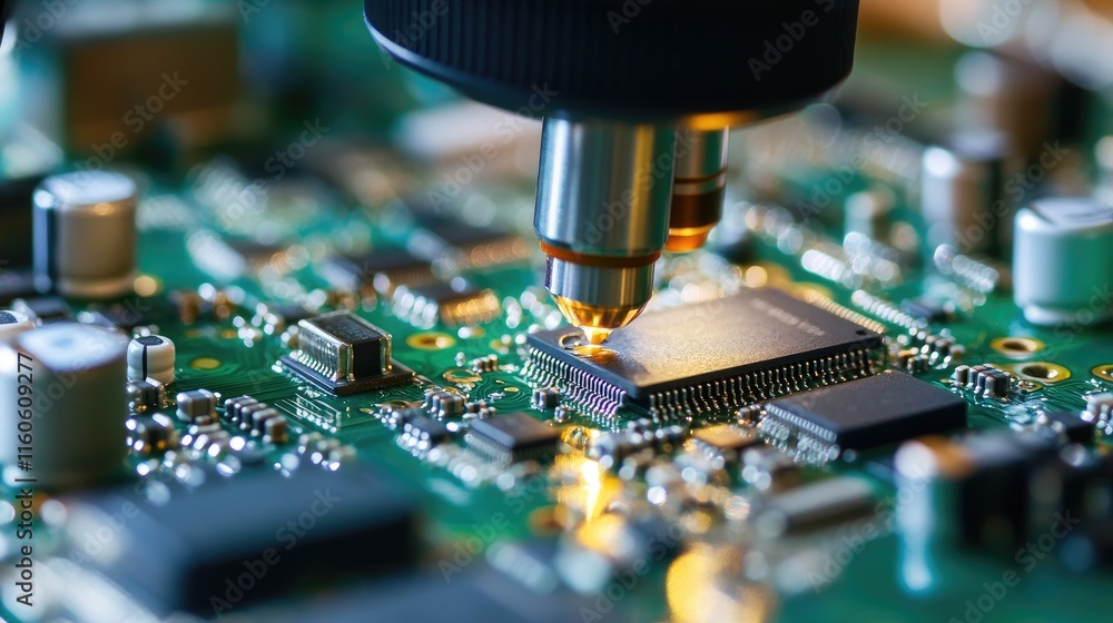 Poster Lab technician inspecting microchip transistors under a microscope for quality control in automated manufacturing of PCBs.