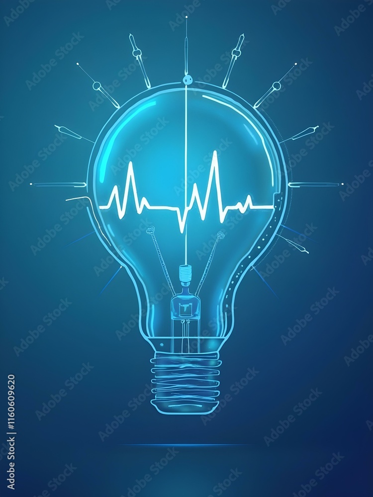 Poster A glowing light bulb is surrounded by abstract lines and a stylized heartbeat line against a dark blue background.