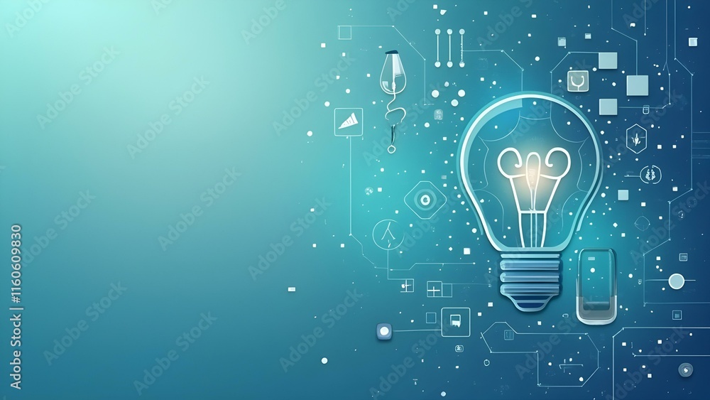 Poster A glowing light bulb is surrounded by abstract lines and a stylized heartbeat line against a dark blue background.