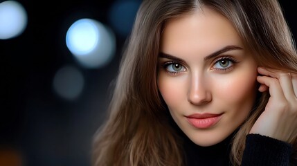Close-up Photo: Serene Woman Gently Posing Against a Dark, Bokeh Background. AI Generated