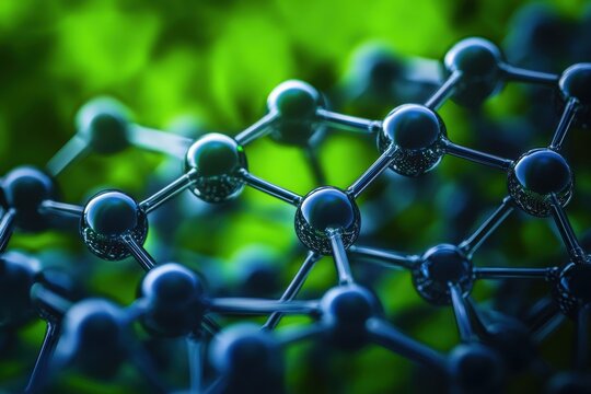 A detailed close-up of molecular structures showcases interconnected black spheres and rods against a vibrant green background, emphasizing the complexity of chemistry and biology.