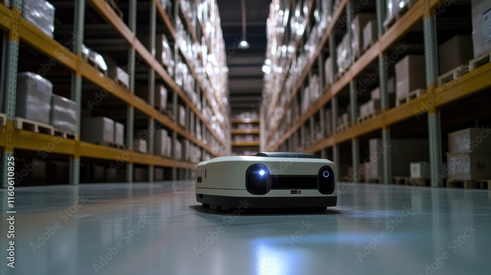 Poster modern automated robot moving packages in an industrial storage warehouse, showcasing streamlined lo