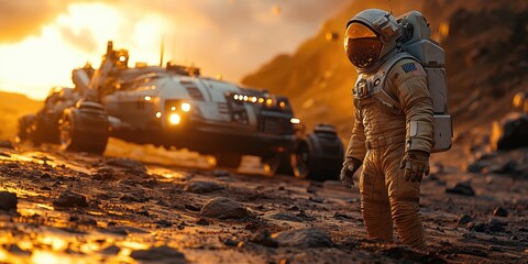 Astronaut standing near spacecraft or shuttle, ready for launch