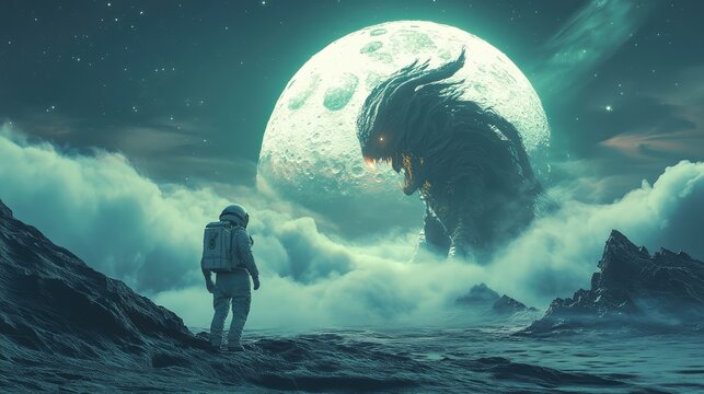 Fantasy astronaut encountering an alien creature on a distant moon