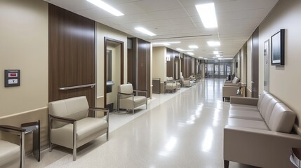 Modern healthcare facility with smart building technology, focused on energy conservation, eco-friendly design, and green healthcare innovations.