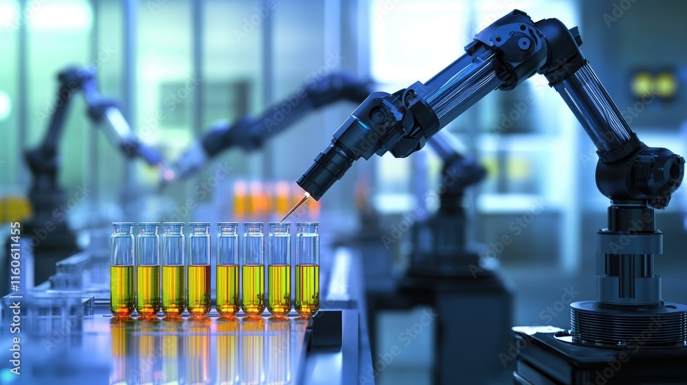 Aufkleber modern laboratory with automated systems and robotic arms handling test tubes and equipment for rese