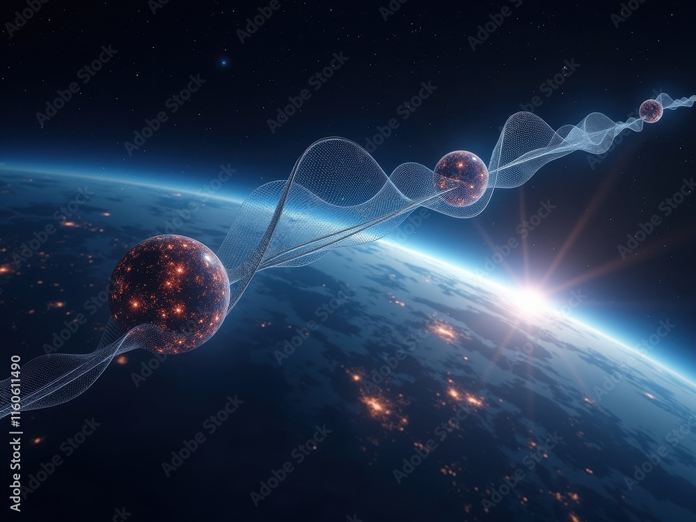 Poster conceptual visualization of graphene cables connecting nodes and transmitting energy across a futuri
