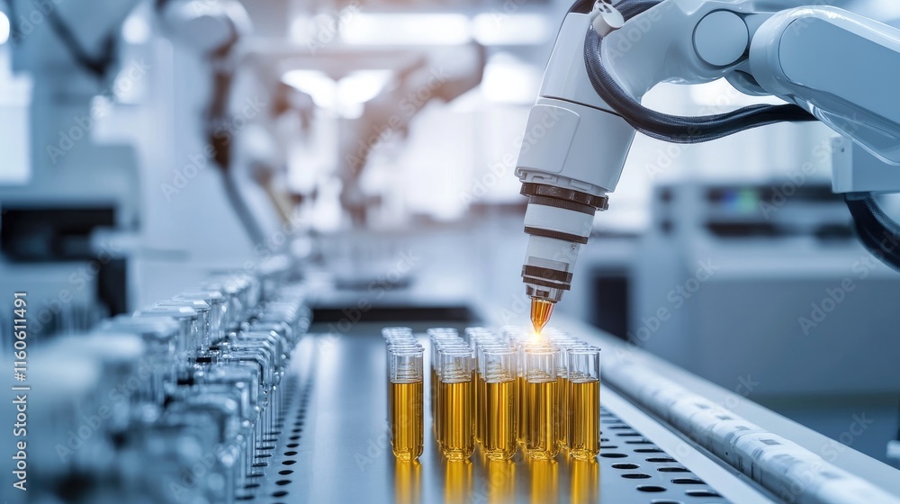 Poster Modern laboratory with automated systems and robotic arms handling test tubes and equipment for research efficiency.