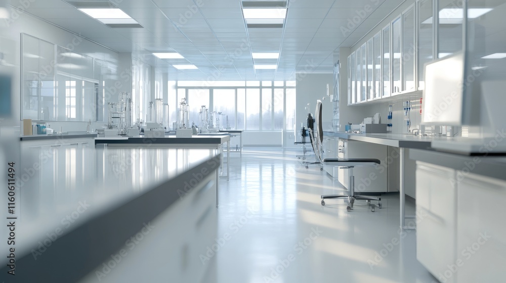 Poster modern laboratory workplace interior with a focus on equipment, with a blurred background adding emp
