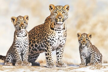 Fototapeta premium A portrait of a mother leopard caring for her two cubs in the wild