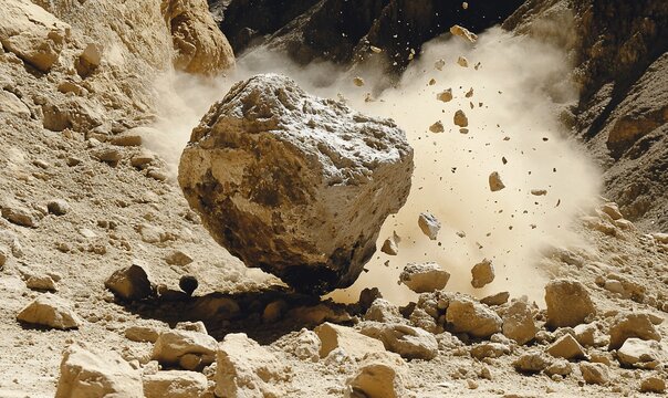 Large boulder rolling downhill, creating dust and debris.
