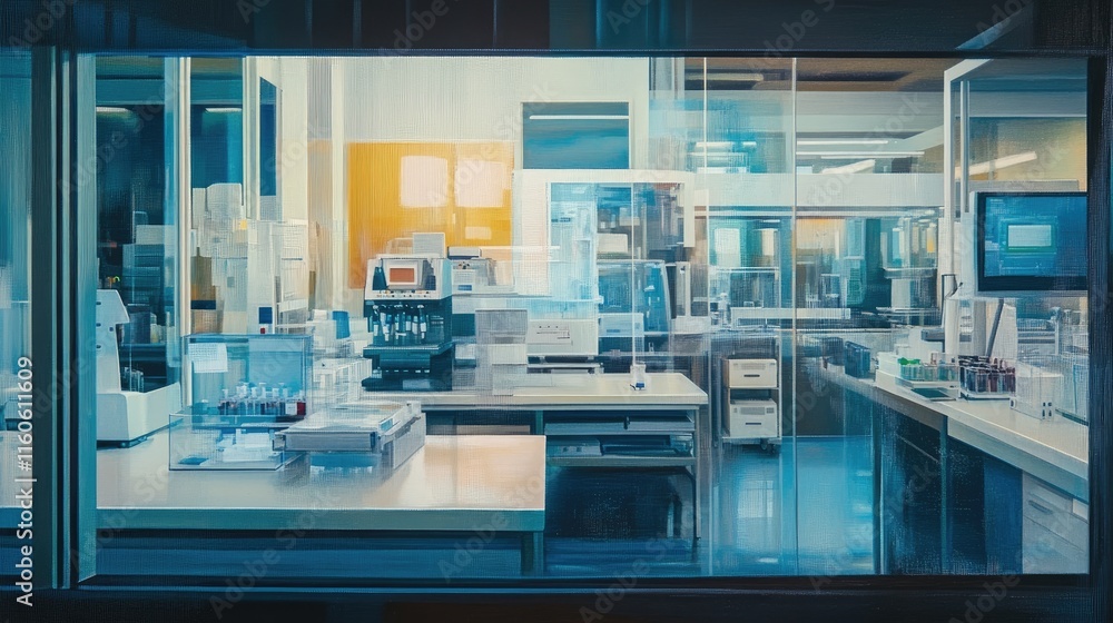 Poster modern laboratory workplace interior with a focus on equipment, with a blurred background adding emp