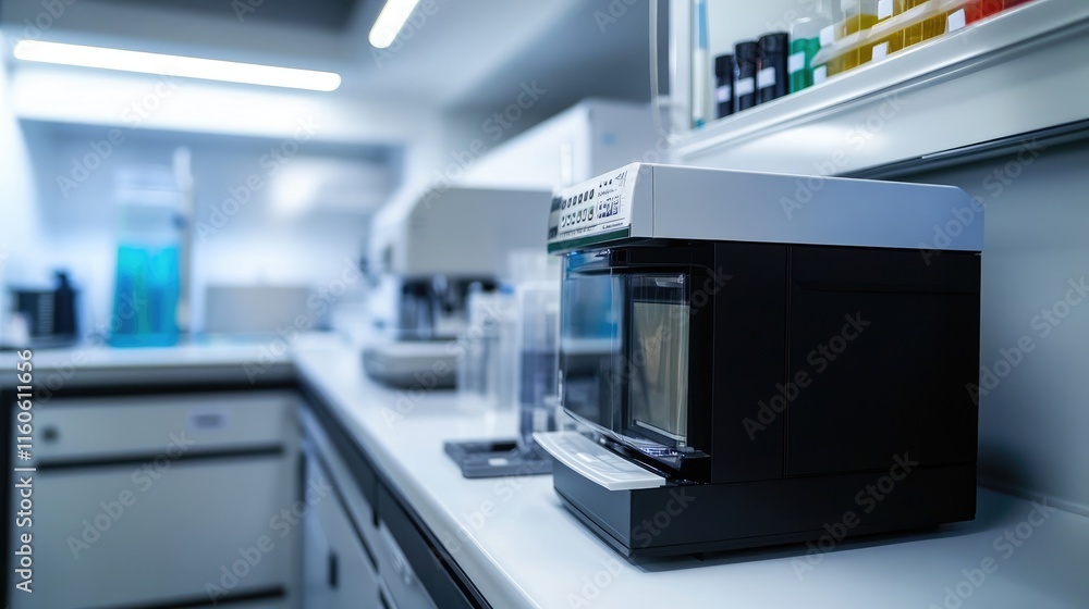 Poster modern laboratory workplace interior with a focus on equipment, with a blurred background adding emp