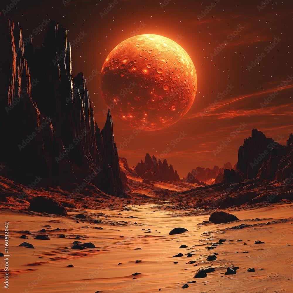 Poster distant planet with a red moon in the background, ideal for space or science fiction concepts