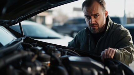 Car with engine misfiring in a parking lot. Featuring a driver looking concerned