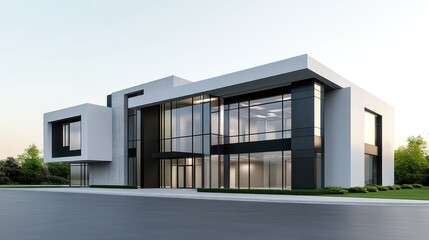 Modern architectural building with large glass windows and sleek design.