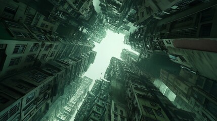 Low-angle view of dense, towering buildings creating a claustrophobic urban canyon.