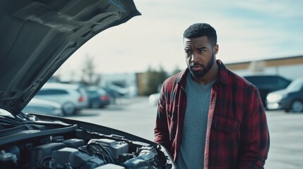 Car with engine misfiring in a parking lot. Featuring a driver looking concerned