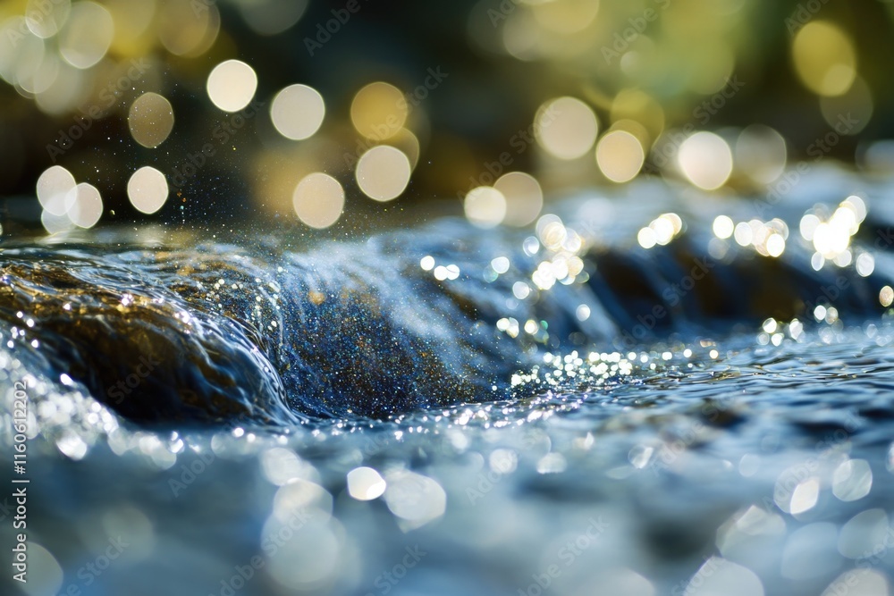 Poster a close-up view of a small stream of water, perfect for use in scenes where a calming atmosphere is 